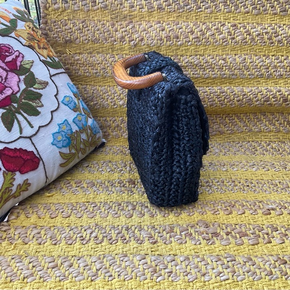 Vintage 50s Raffia HandBag Wooden Handle - Picture 2 of 7